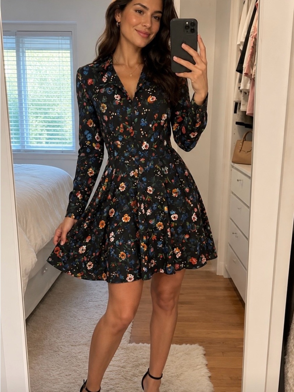 Zara Black Floral Long-Sleeve Fit & Flare jumpsuit